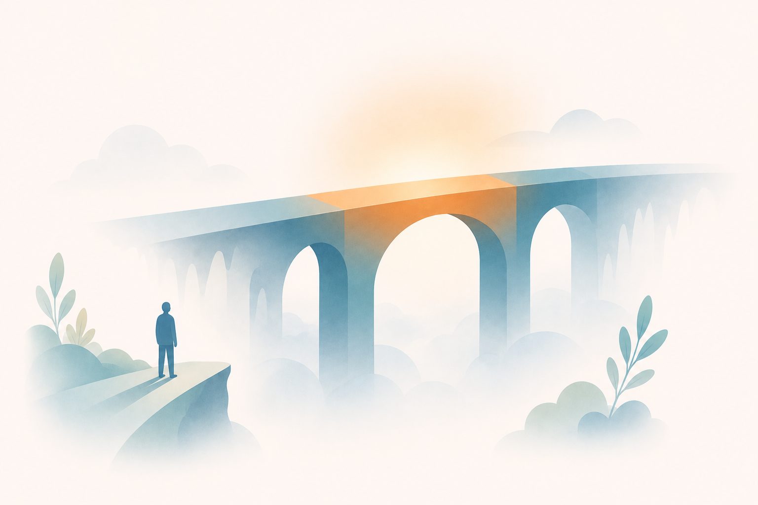 Una persona frente a un puente sobre la niebla: los cinco años de espera hasta Medicare